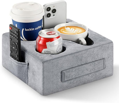 Luxspire Couch Cup Holder Tray, Couch Cup Holder Pillow with 4 Holes, Side Pocket and Handle, Couch Caddy Pillow for Phone/Drinks/Remote Control/Snacks, Gray