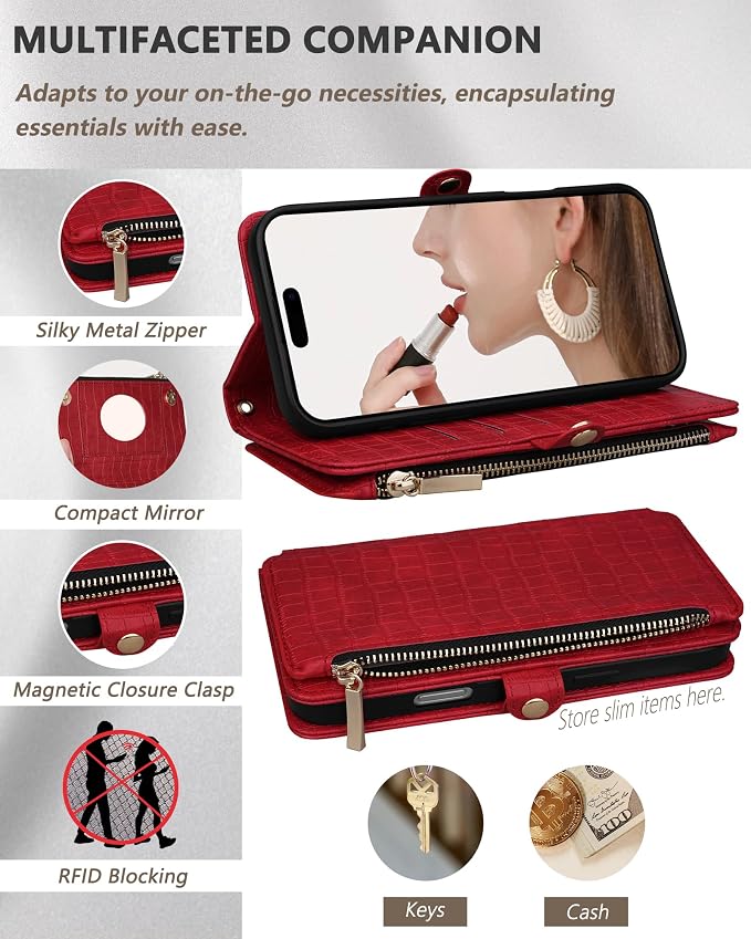 Crossbody Wallet Case for iPhone 16 Pro Max with Mirror, Wrist Strap, Zipper Purse Magnetic Flip RFID Blocking Card Holder, Wireless Charging, PU Leather Shockproof 6.9" Women (Red)