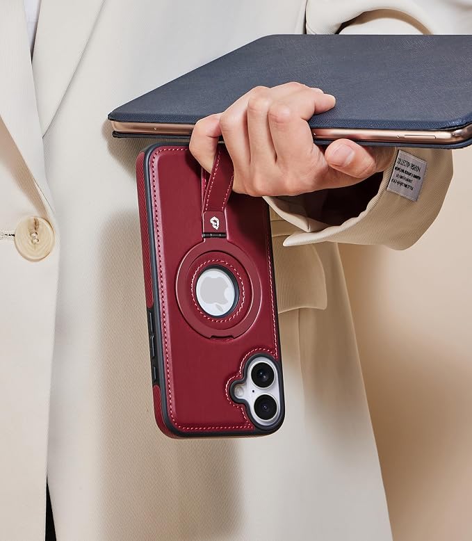 for iPhone 16 Plus Leather Case with Stand, Anti-Slip Grip Ring, Fits for MagSafe (Burgundy, iPhone 16 Plus)