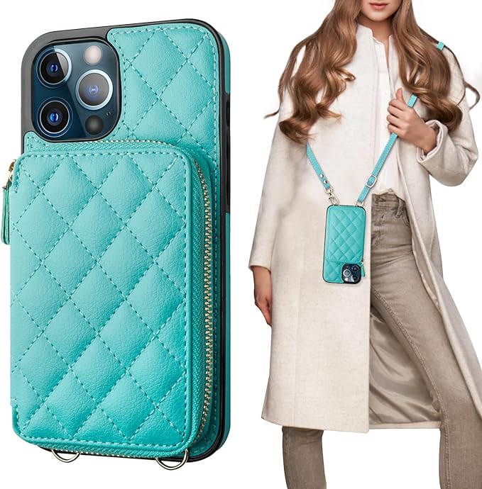 Bocasal Crossbody Wallet Case for iPhone 12 Pro Max, RFID Blocking PU Leather Zipper Handbag Purse Flip Cover, Kickstand Folio Case with Card Slots Holder Wrist Strap Lanyard 5G 6.7 Inch (Mint Green)
