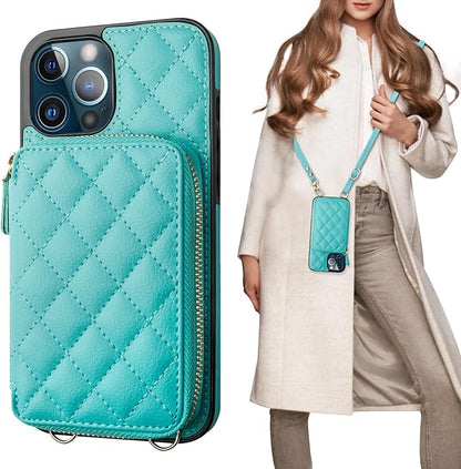 Bocasal Crossbody Wallet Case for iPhone 12 Pro Max, RFID Blocking PU Leather Zipper Handbag Purse Flip Cover, Kickstand Folio Case with Card Slots Holder Wrist Strap Lanyard 5G 6.7 Inch (Mint Green)