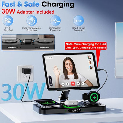 6 in 1 Wireless Charger for Apple Multiple Devices, Charging Station with Clock &7 Color Ambient Light, Foldable Rotate Stand for iPad, for iPhone17/16/15, Support for Apple Watch11/10 For AirPods4