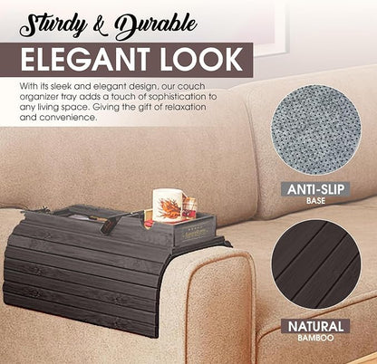 Couch Cup Holder Tray with 2 Cork Coasters, Couch Caddy, Anti-Slip Foldable Armrest Sofa Tray, Couch Armrest Table, Anti-Spill Holder for Remote, Snacks, Cellphone - Ideal Gift (Walnut)