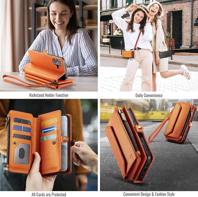 Strapurs Wallet Case Compatible with iPhone 17 6.3" RFID Blocking 9-Card Holder Soft PU Leather Magnetic Snap Shoulder Strap Zipper Pocket Phone Case Fit for iPhone 17 for Women - Orange