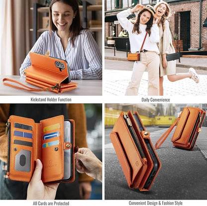 Strapurs Wallet Case Compatible with iPhone 17 6.3" RFID Blocking 9-Card Holder Soft PU Leather Magnetic Snap Shoulder Strap Zipper Pocket Phone Case Fit for iPhone 17 for Women - Orange