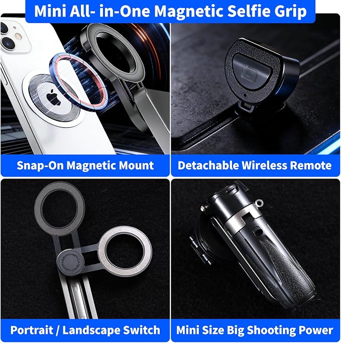 4-in-1 Magnetic Selfie Stick for iPhone/Android - Multifunctional 360° Rotation Extendable Tripod with Detachable Remote, Universal Phone Mount & Metal Ring (Magnetic or Clip Combo)