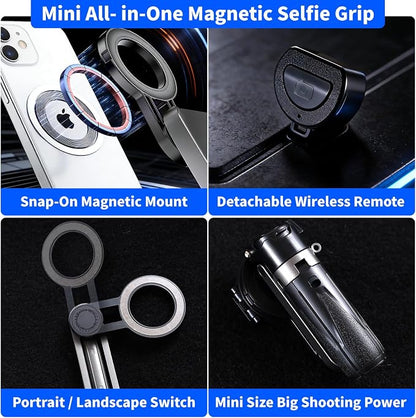 4-in-1 Magnetic Selfie Stick for iPhone/Android - Multifunctional 360° Rotation Extendable Tripod with Detachable Remote, Universal Phone Mount & Metal Ring (Magnetic or Clip Combo)