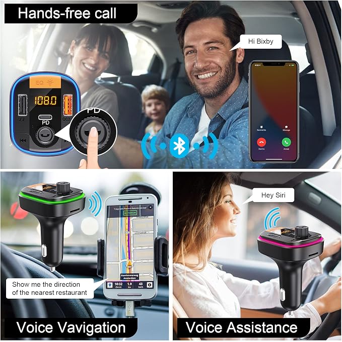 Bluetooth FM Transmitter for Car - BAISHUN Bluetooth 5.0 Adapter PD20W+QC3.0 Cigarette Lighter Radio Receiver Music Player Car Charger Supports Hands-Free Call Siri Google Assistant