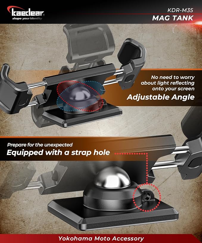 Kaedear Motorcycle Magnetic Phone Holder, Strong Neodymium Magnet, Aluminum, Stainless Steel Extension Arms, 360° Rotation, Scratch Protection, Mag Tank KDR-M35