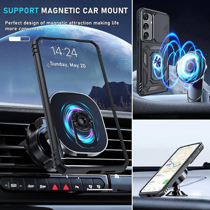 Janmitta Compatible with Samsung Galaxy S25 Plus/S24 Plus Case Built in Slide Camera Lens Cover+Screen Protector+Finger Ring Holder Kickstand,Heavy Duty Shockproof Full Body Phone Cover,Black