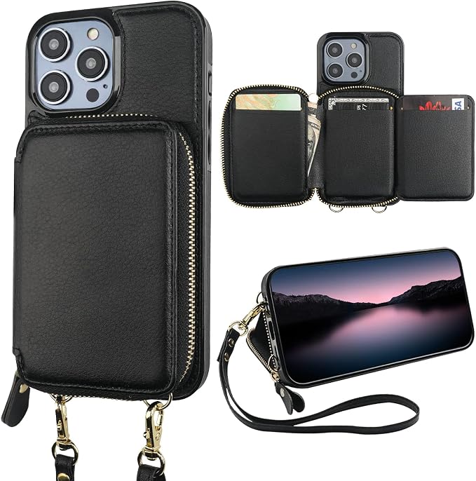 Bocasal RFID Blocking Wallet Case for iPhone 14 Pro, Adjustable Crossbody Zipper Purse Case Card Holder with Kickstand Detachable Wrist Strap, PU Leather Flip Folio Case 6.1 Inch 5G (Black)