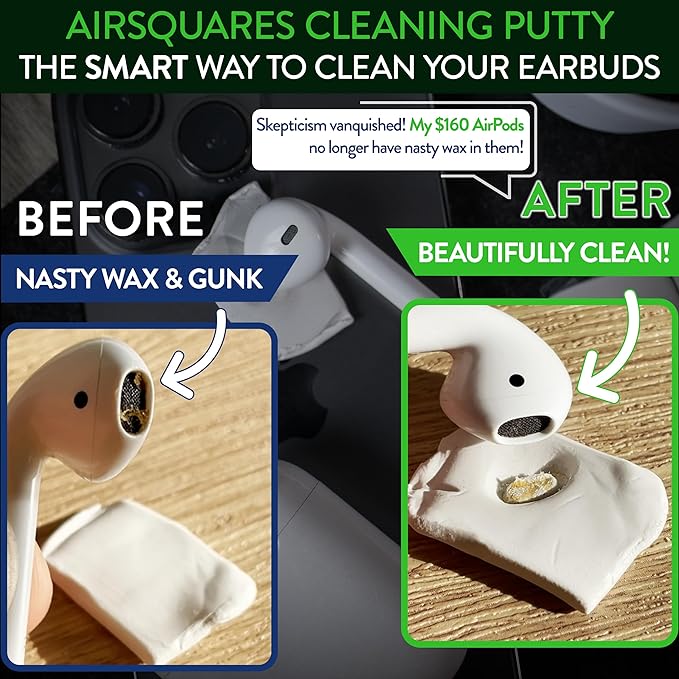 AirSquares Earbud Cleaning Putty, The Original Cleaner Kit Compatible with Airpods, Earbuds & Tech Devices | Easily Remove Wax, Dirt & Gunk from Your Devices | Featured on NBC's Today Show (12 Pack)