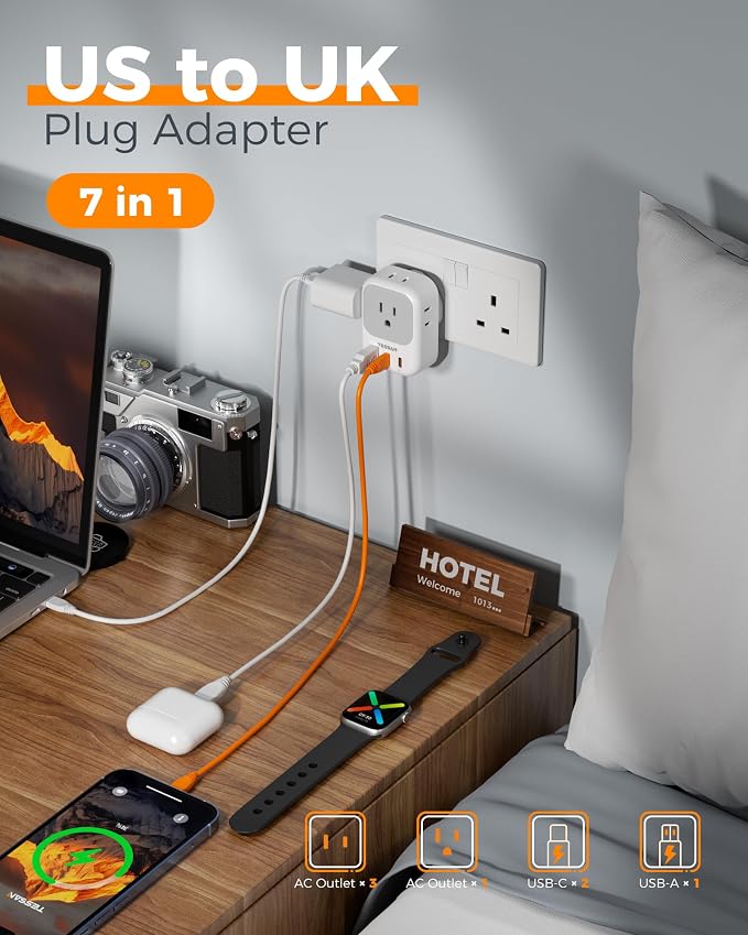 TESSAN UK Adapters for Travel 3 Pack, Type G Plug Adapter | PD 20W, 4 AC Outlets, 3 USB Ports (2 USB C), US to UK Ireland England London Dubai Scotland Hong Kong UAE, For Travel