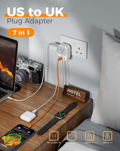 TESSAN UK Adapters for Travel 3 Pack, Type G Plug Adapter | PD 20W, 4 AC Outlets, 3 USB Ports (2 USB C), US to UK Ireland England London Dubai Scotland Hong Kong UAE, For Travel
