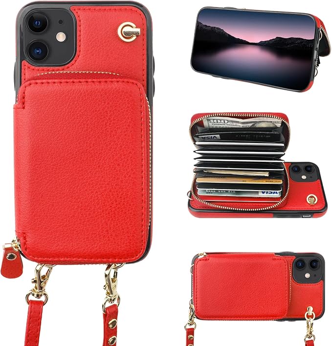 Bocasal Crossbody Wallet Case for iPhone 11, RFID Blocking Leather Purse Case with Card Holder, Protective Handbag Flip Cover with Zipper Wrist Strap Lanyard for Women 6.1 Inch (Red)
