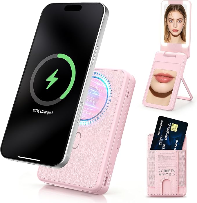 Magnetic Wireless Power Bank 5-in-1, 5000mAh Portable Charger with LED Mirror, Phone Stand, Card Holder & Bluetooth Remote, 20W Fast Charging for iPhone & Android, Travel Essential for Women
