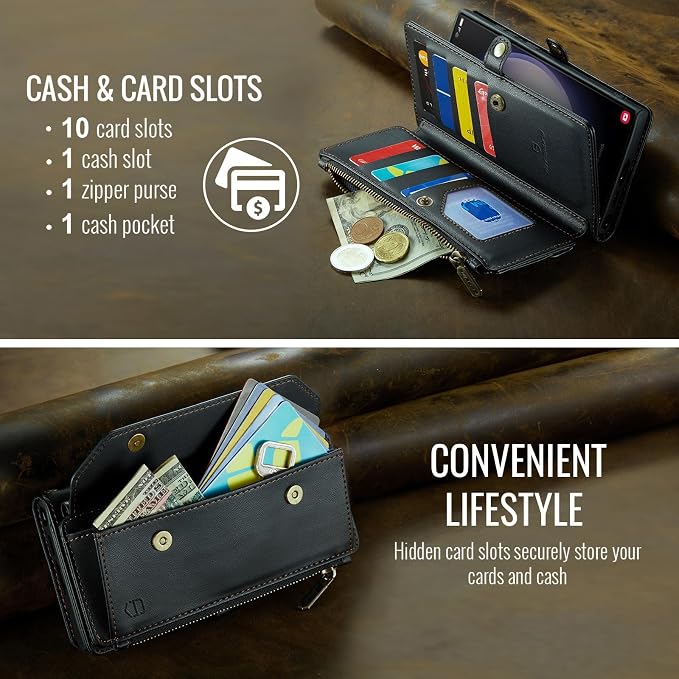 Strapurs Crossbody Wallet Case Compatible with Samsung Galaxy S22 Plus RFID Blocking Card Holder Soft PU Leather Magnetic Snap Strap Zipper Pocket Phone Case Fit for Galaxy S22+/ S22 Plus - Black