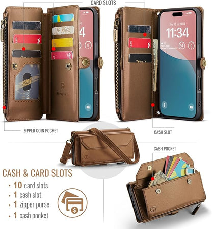 Strapurs Wallet Case Compatible with iPhone 16 Pro Max 6.9" RFID Blocking 10-Card Holder Soft PU Leather Magnetic Snap Shoulder Strap Zipper Pocket Phone Case Fit for iPhone 16 Pro Max - Brown