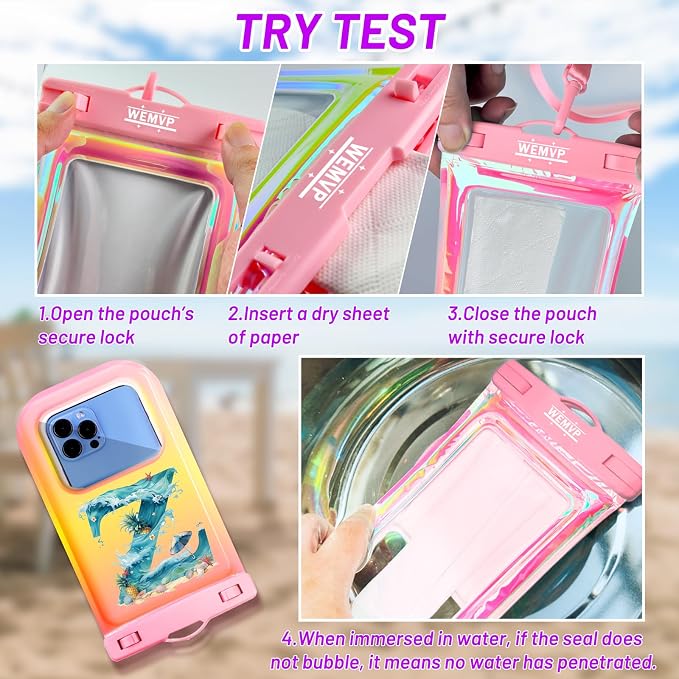 Personalized Initial Waterproof Phone Pouch Case - IPX8 Cellphone Dry Bag with Lanyard for iPhone 16/15/14/13/12 Pro Max (6.1–6.9"), Beach & Cruise Ship Essentials with Monogrammed Design (Pink, Z)