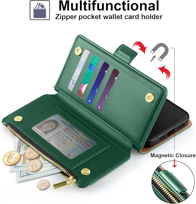 Antsturdy Compatible with iPhone 16 Plus Wallet Case,RFID Blocking PU Leather Phone Case Women Men Kickstand flip Cover Wrist Strap Zipper Credit Card Holder Slots for Apple 16 Plus 6.7",Green