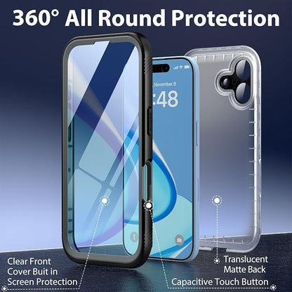 SPORTLINK for iPhone 16 Waterproof Phone Case - Built in Screen & Camera Lens Protector,6.6FT Military Dropproof/Shockproof/Dustproof/IP68 Underwater for iPhone 16 6.1 inch Black/Frosted Clear