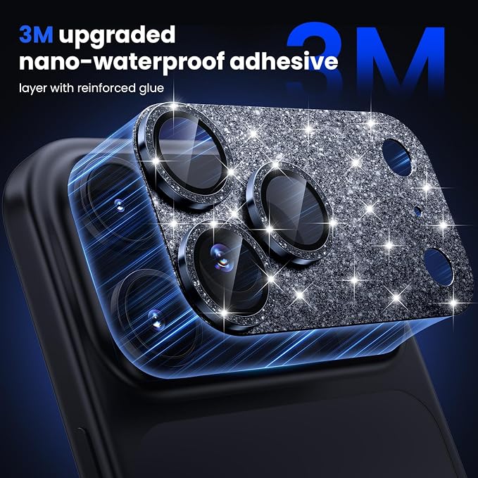WSKEN for iPhone 17 Pro Max Camera Lens Protector, [Military Grade Shatterproof] [Strong Adhesion] Metal Aluminum Alloy Tempered Glass Camera Screen Protector, Glitter Blue