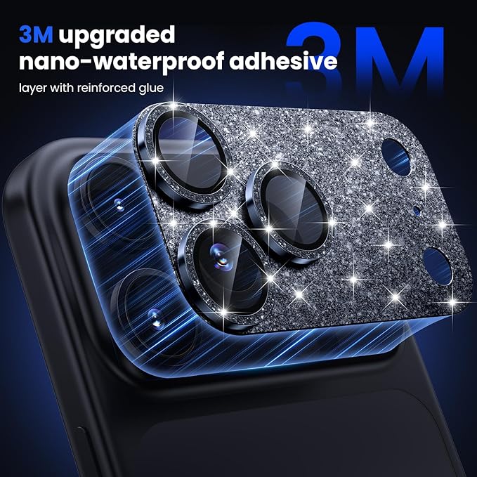 WSKEN for iPhone 17 Pro Camera Lens Protector, [Military Grade Shatterproof] [Strong Adhesion] Metal Aluminum Alloy Tempered Glass Camera Screen Protector, Glitter Blue