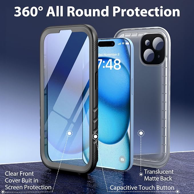 SPORTLINK for iPhone 15 Waterproof Case - Built in Screen & Camera Protector, Full Body/Military Dropproof/Dustproof/Heavy Duty, 360/IP68 Underwater for iPhone 15 Case 6.1 inch Black/Frosted Clear