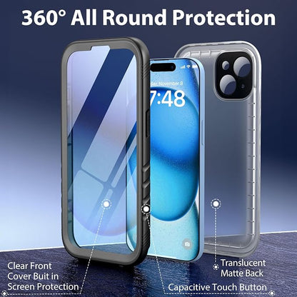 SPORTLINK for iPhone 15 Waterproof Case - Built in Screen & Camera Protector, Full Body/Military Dropproof/Dustproof/Heavy Duty, 360/IP68 Underwater for iPhone 15 Case 6.1 inch Black/Frosted Clear