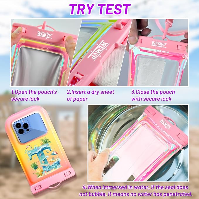 Personalized Initial Waterproof Phone Pouch Case - IPX8 Cellphone Dry Bag with Lanyard for iPhone 16/15/14/13/12 Pro Max (6.1–6.9"), Beach & Cruise Ship Essentials with Monogrammed Design (Pink, T)