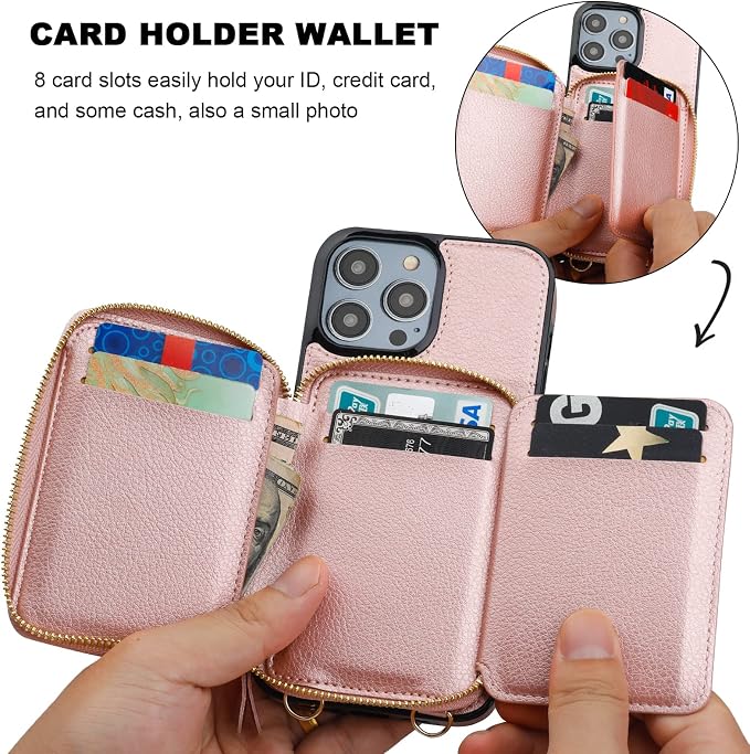 Bocasal RFID Blocking Wallet Case for iPhone 14 Pro Max, Adjustable Crossbody Zipper Purse with Kickstand and Detachable Wrist Strap, PU Leather Flip Folio Case 6.7 Inch 5G (Rose Gold)