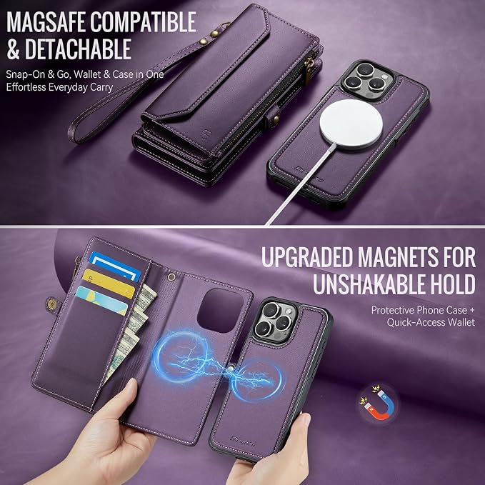 Strapurs for iPhone 16 Pro Detachable Wallet Case Compatible with Magsafe, RFID Blocking 9-Card Holder Zipper Wrist Strap Lanyard PU Leather Magnetic Phone Case for iPhone 16 Pro 6.3", Purple