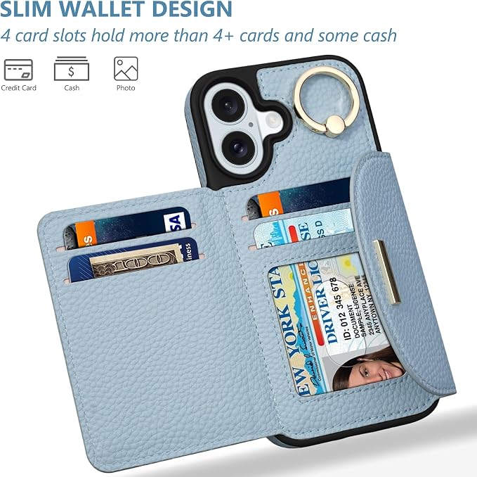 Keallce Wallet Case for iPhone 16 Plus 6.7'', Flip Case with Card Slots, Ring Holder Kickstand, PU Leather Protective Folio Cover for Women, Blue