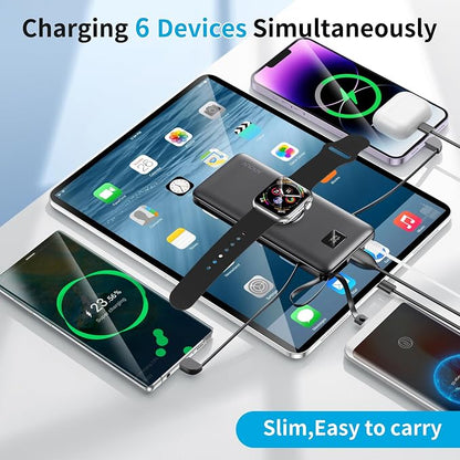 Portable Charger 10000mAh 22.5W PD 3.0+QC 4.0 Super Fast Charging Power Bank, Built-in Cables & AC Wall Plug & Magnetic Wireless iWatch Charger, USB-C Battery Pack for iPhone/Samsung/Apple Watch, etc