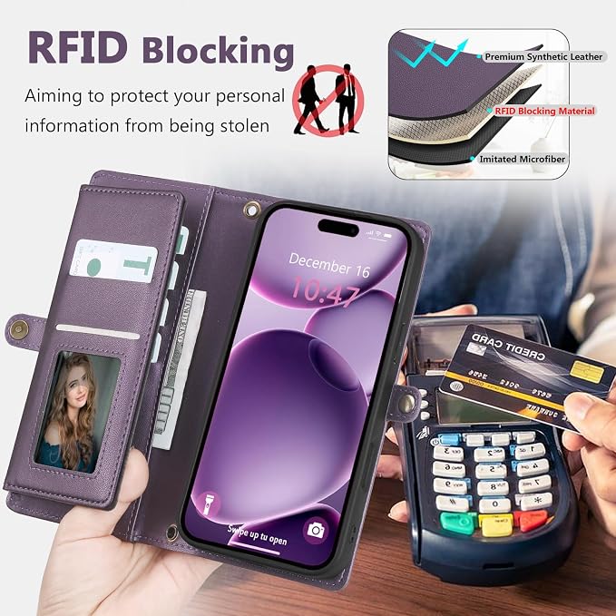 Wallet Case for iPhone 16 Plus with Card Holder/Crossbody Wallet/Strap| RFID Blocking | Magnetic | Kickstand | Detachable | PU Leather Phone Case for iPhone 16 Plus,6.7 in,Purple