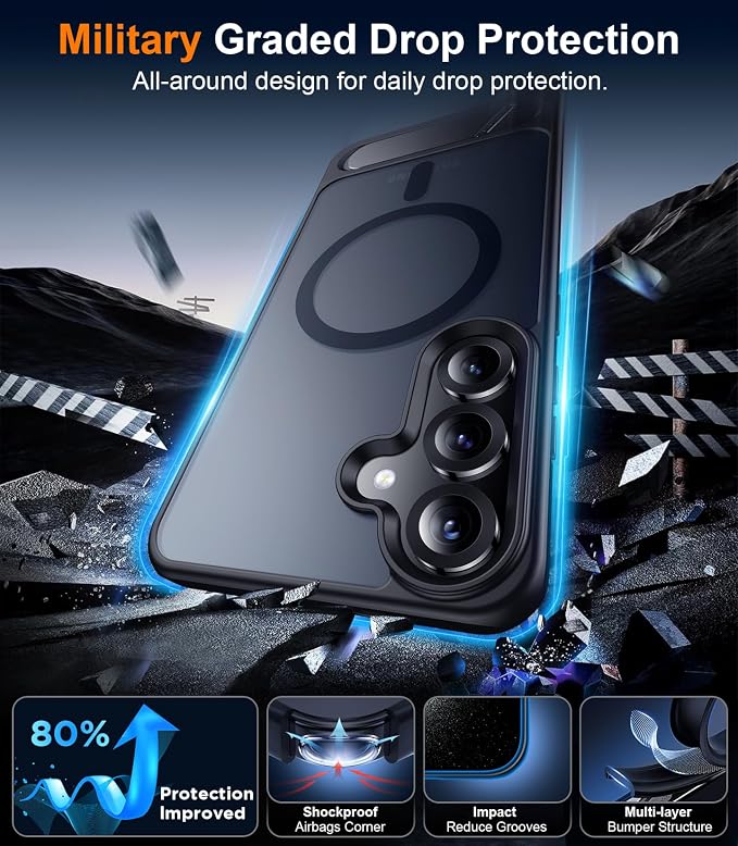 Magnetic for Samsung Galaxy S25 Plus Case, [Innovate Stand][Military Grade Drop Protection][Non Slip][Translucent Matte] Shockproof Phone Case for Galaxy S25 Plus 6.7" 2025 -Black
