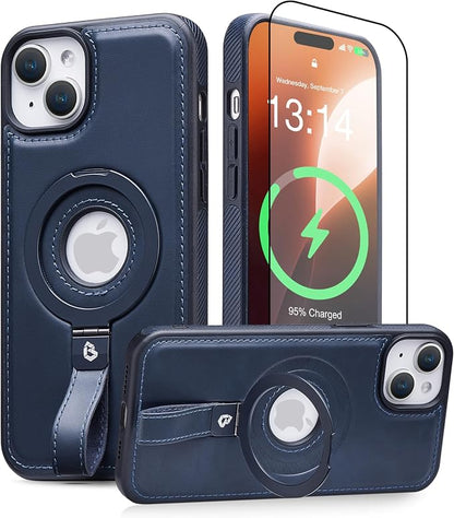 for iPhone 15 Plus/iPhone 14 Plus Leather Case with Stand, Anti-Slip Grip Ring, Fits for MagSafe (Blue, iPhone 15/14 Plus)