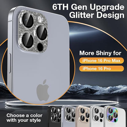 YWXTW for iPhone 16 Pro/iPhone 16 Pro Max Camera Lens Protector, [New Glitter Design] Full Bling Sparkly Diamond Tempered Glass Screen Protector Metal Camera Cover Accessories (Natural Titanium)