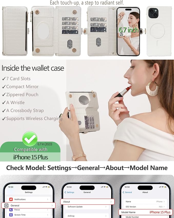 Crossbody Wallet Case for iPhone 15 Plus with Mirror, Wrist Strap, Zipper Purse Magnetic Flip RFID Blocking Card Holder, Wireless Charging, PU Leather Shockproof 6.7" Women (White)