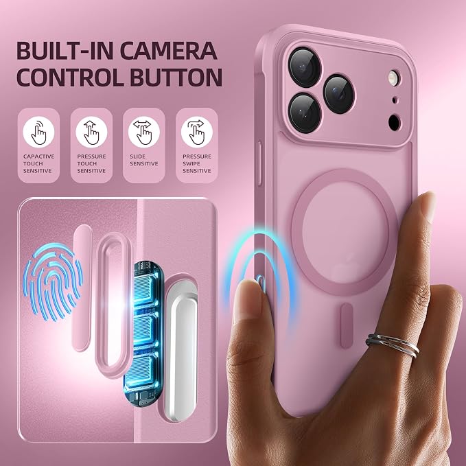 BERFY for iPhone 17 Pro Max Case, Compatible with MagSafe, Built-in Glass Screen Protector, Camera Protection, Shockproof Full Body Phone case 6.9", Translucent Palevioletred