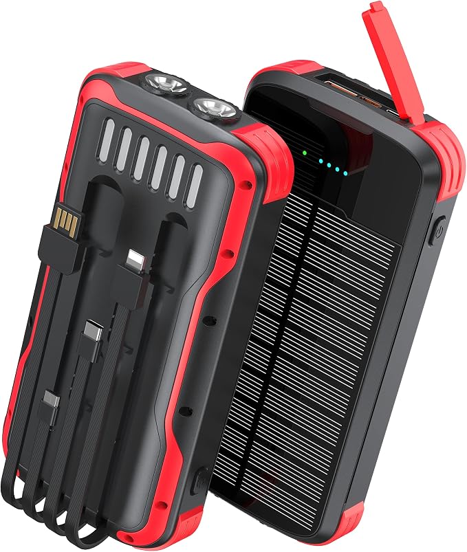Solar Charger Power Bank, PD 20W Fast Charging External Batter, 40000mAh Portable Phone Charger Built in 4 Cables with Dual Bright Flashlights for Camping, Hiking, and Outdoor Use（RED）