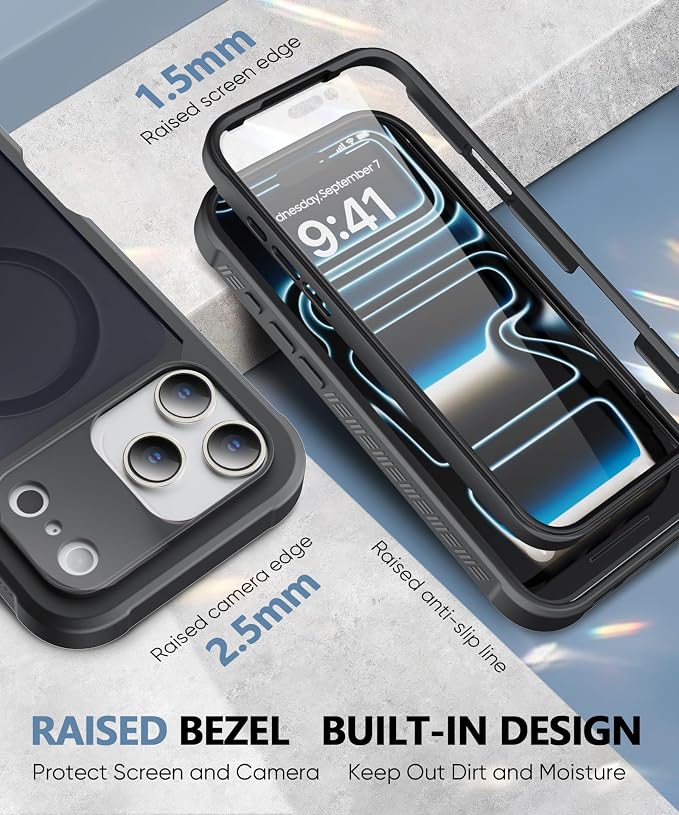 Compatible with iPhone 17 Pro Max Case Black, Built-in Screen Protector, [Compatible with MagSafe] Full Body Rugged Phone Case, Shockproof Protective Magnetic Cover for 17 ProMax 6.9" (Black)