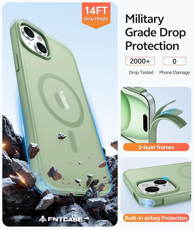 FNTCASE for iPhone 15 Case: for iPhone 14 Case & iPhone 13 Case [Compatible with Magsafe] Translucent Matte Cases with [Screen Protector] Military Grade Shockproof Protective Phone Cover - Light Moss