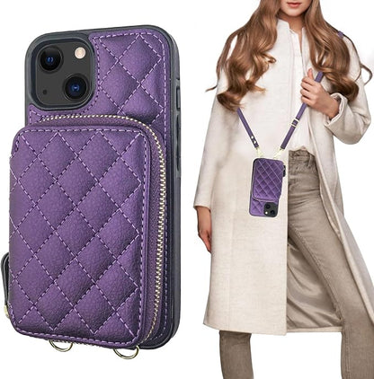 Bocasal Crossbody Wallet Case for iPhone 13, RFID Blocking PU Leather Zipper Handbag Purse Flip Cover, Kickstand Folio Case with Card Slots Holder Wrist Strap Lanyard 5G 6.1 Inch (Dark Purple)
