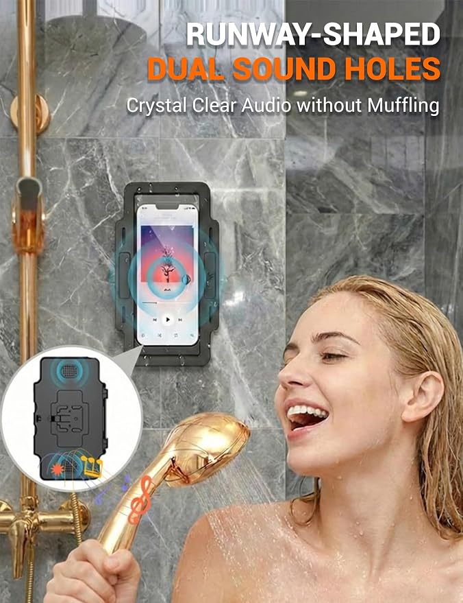 Shower Phone Holder Waterproof 360° Adjustable Rotating, Anti-Fog Touch Screen Wall Mount Phone Stand for Bathroom Mirror Bathtub Kitchen, Fits iPhone 17 16 15 Pro Max for 4-7" Cellphones Black