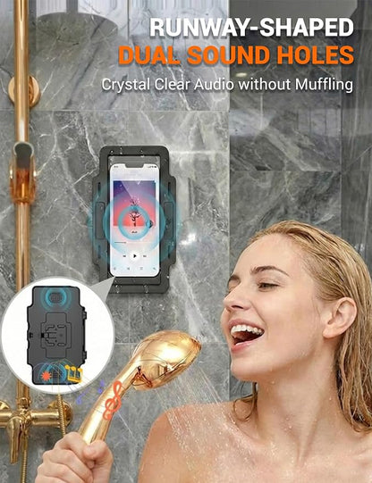 Shower Phone Holder Waterproof 360° Adjustable Rotating, Anti-Fog Touch Screen Wall Mount Phone Stand for Bathroom Mirror Bathtub Kitchen, Fits iPhone 17 16 15 Pro Max for 4-7" Cellphones Black