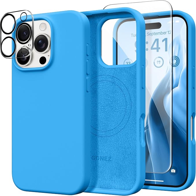 GONEZ Magnetic for iPhone 16 Pro Case, Compatible with MagSafe, [Screen Protector + Camera Lens Protector], Silicone Shockproof Anti-Scratch Protective Phone Case 6.3 inch, Wave Blue