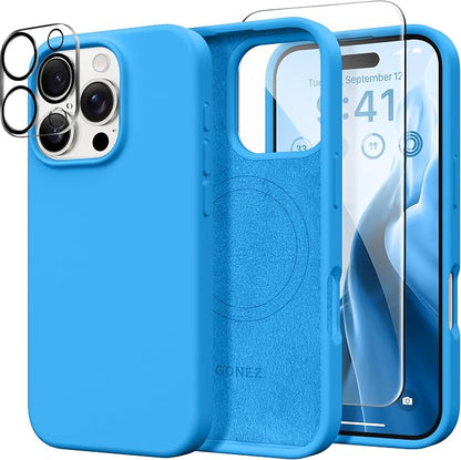 GONEZ Magnetic for iPhone 16 Pro Max Case, Compatible with MagSafe, Liquid Silicone Case, with Screen Protector + Camera Protector, Full Body Protective Shockproof Phone Cover 6.9", Wave Blue