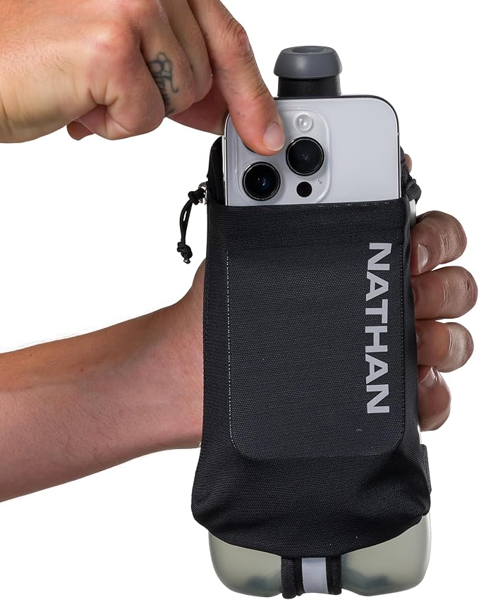 Nathan SpeedDraw 2 Insulated Handheld Running Water Bottle Flask – Double-Wall Insulation, Ergonomic Grip, Blast Valve Cap, Phone & Key Storage Pockets, Reflective Design, 22oz - Black