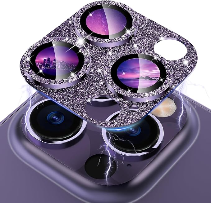 CloudValley for iPhone 14 Pro/iPhone 14 Pro Max Glitter Camera Lens Protector, 9H Tempered Glass [All in 1 Design], Case Friendly Anti-Scatch High Definition, GlitterPurple